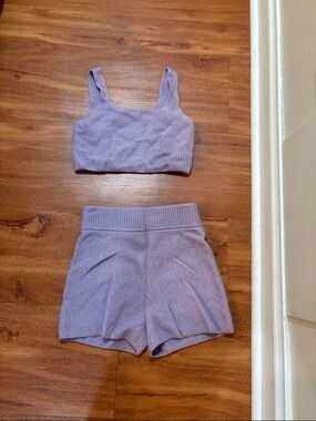 Everlane Lilac Ribbed Cashmere Crop Top & High-Waist Shorts Set
